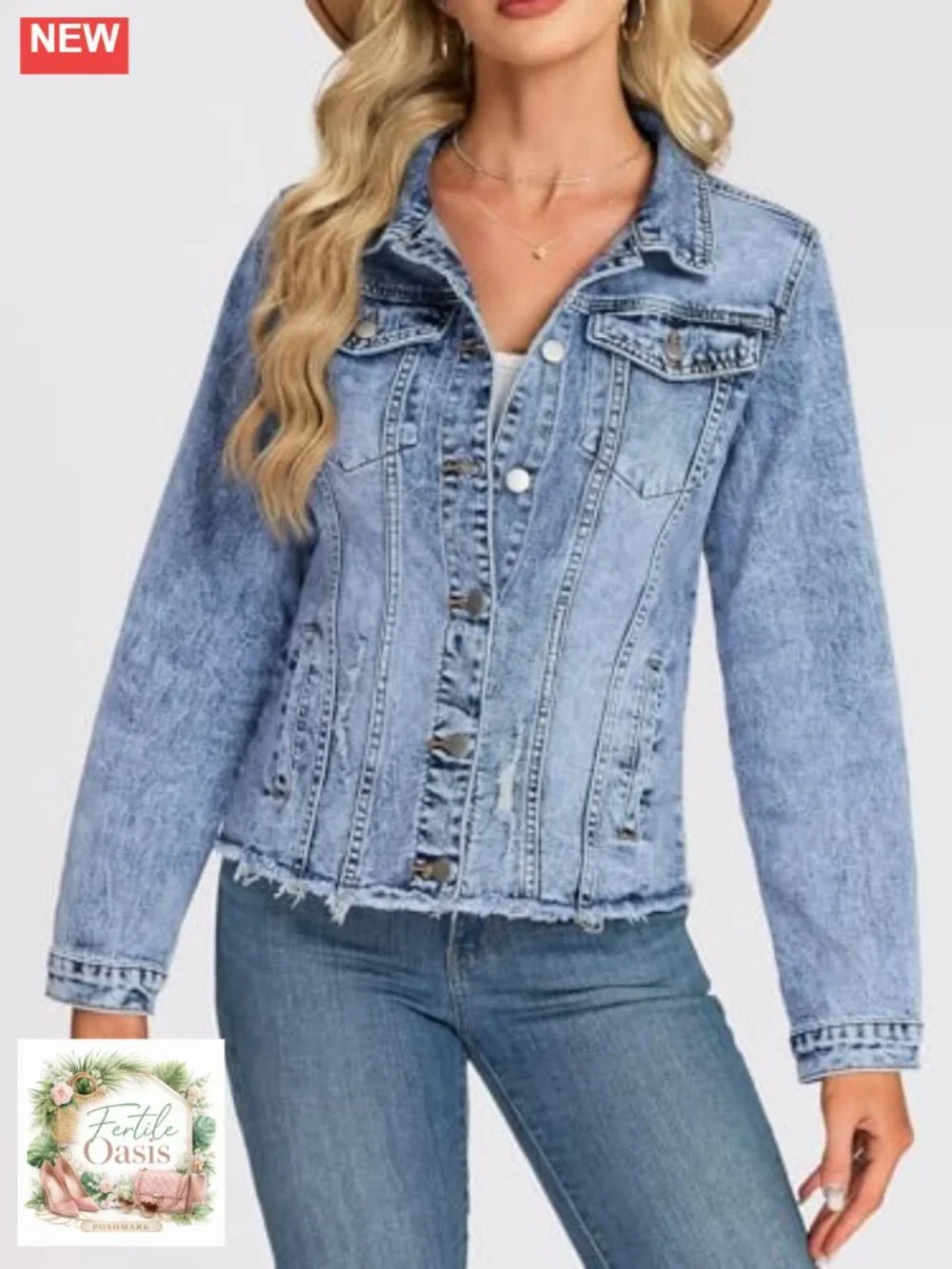 Women's Frayed Hem Denim Jacket Distressed Trucker Coat Oversized Shacket